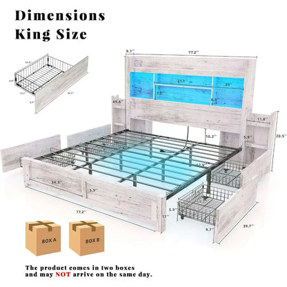 Living Room Queen Bed Frame with 49.6" Bookcase Headboard & 2 Bedside Stoage Racks & Drawers,Wood Bed Frame with RGB LED & Charging Station