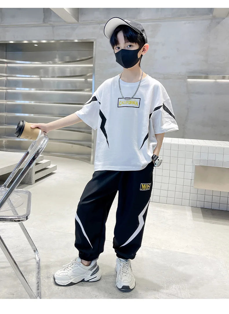 Boy  clothing   Summer Boys Cotton Alphabet Lightning T-Shirt Tops+Sweatpant School Kids 2PCS Tracksuit Child Jogger Outfit Workout Set 5-14 Yr