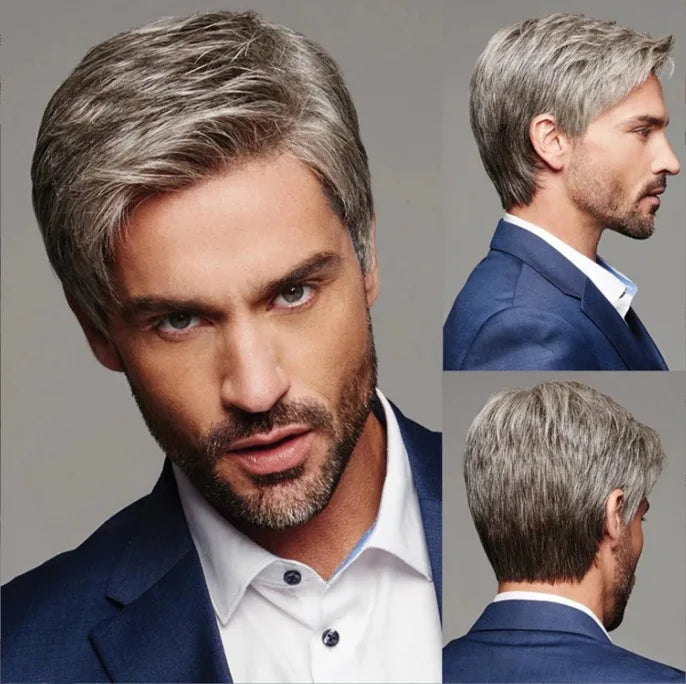 Crown & Glory Wigs   Wigs men's gradient grey parted bangs short straight hair wig set