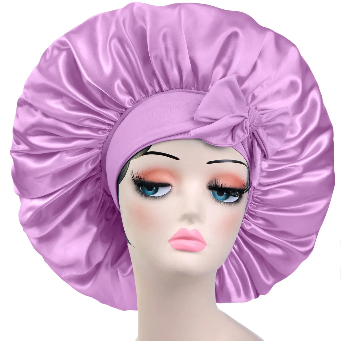 Style & Shine Hair  Satin Solid  Silky Bonnets With Long Tie Bands Elastic Shower Cap Adjustable