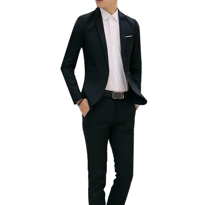 Men clothing   2Pcs Office Business Men Solid Colour Lapel Long Sleeve Slim Blazer Pants Suit