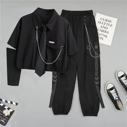 Woman clothing    2 Pieces Women Set Woman Pants Korean Kpop Chain Streetwear Harajuku Shirt+Sweat High Waist Y2k Aesthetic Two-piece Suit