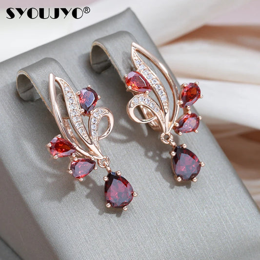 Jewellery  Red Flower Natural Zircon Long Dangle Earrings For Women 585 Rose Gold Color Vintage Fine Jewelry Luxury Wedding Earring