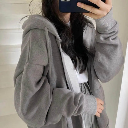 Woman clothing   Women Hoodies Solid Color Zip Up Pocket Oversized Harajuku Korean Sweatshirts Female Long Sleeve Hooded Streetwear Casual Top