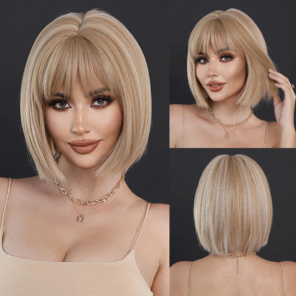 Crown & Glory Wigs NAMM Straight Light Brown Bob Wigs for Women Party Use With Neat Bangs Highlight Blonde High Density Synthetic Wig