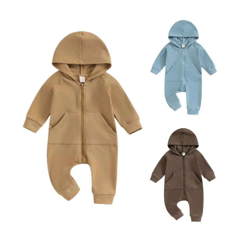 Boy clothing Newborn Baby Boy Hooded Romper Spring Autumn Clothes Solid Color Long Sleeve Zipper Jumpsuit for Kids Infant Baby Clothing