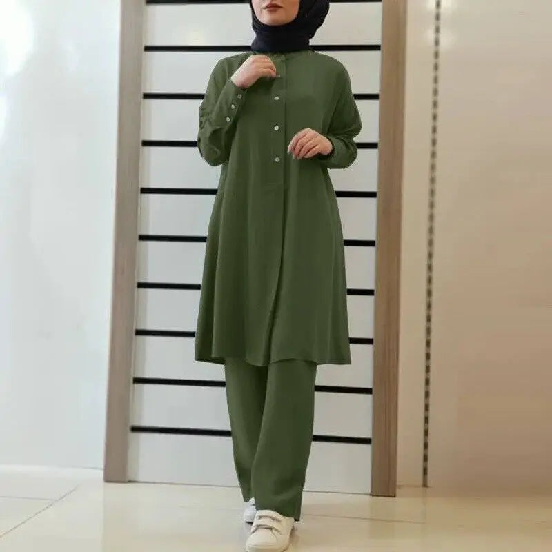 Muslim Family   Arab New Solid Color Two-Piece Shirt Pants Set Muslim Women Casual Loose  Set