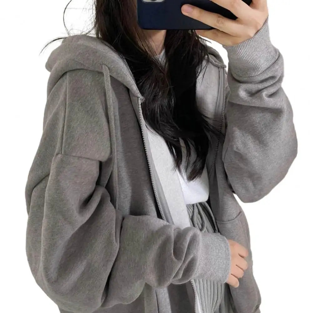 Woman clothing   Women Hoodies Solid Color Zip Up Pocket Oversized Harajuku Korean Sweatshirts Female Long Sleeve Hooded Streetwear Casual Top