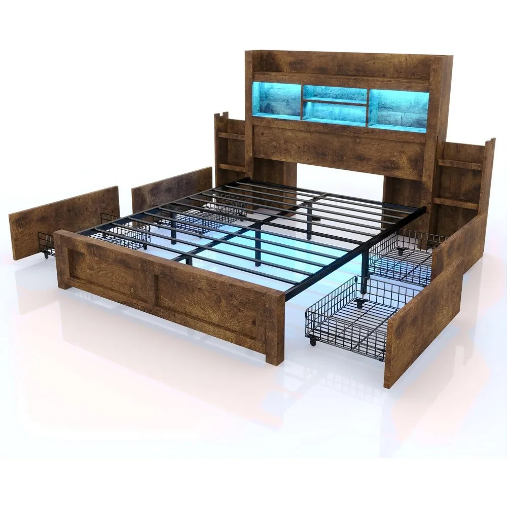 Living Room Queen Bed Frame with 49.6" Bookcase Headboard & 2 Bedside Stoage Racks & Drawers,Wood Bed Frame with RGB LED & Charging Station