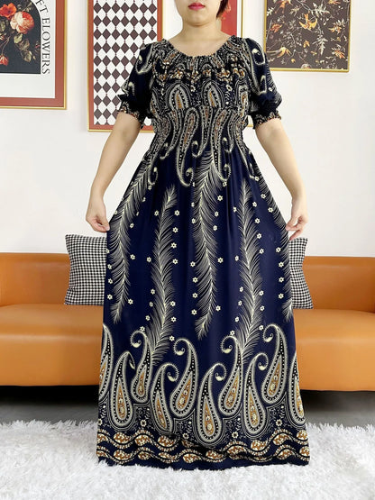 Muslim family   Women Party Dress Muslim Summer Short Sleeve Long Dress Collect Waist Floral Boubou Maxi Islam Women Dress African Abaya Clothes