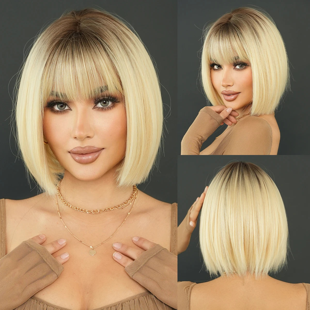 Crown & Glory Wigs NAMM Straight Light Brown Bob Wigs for Women Party Use With Neat Bangs Highlight Blonde High Density Synthetic Wig