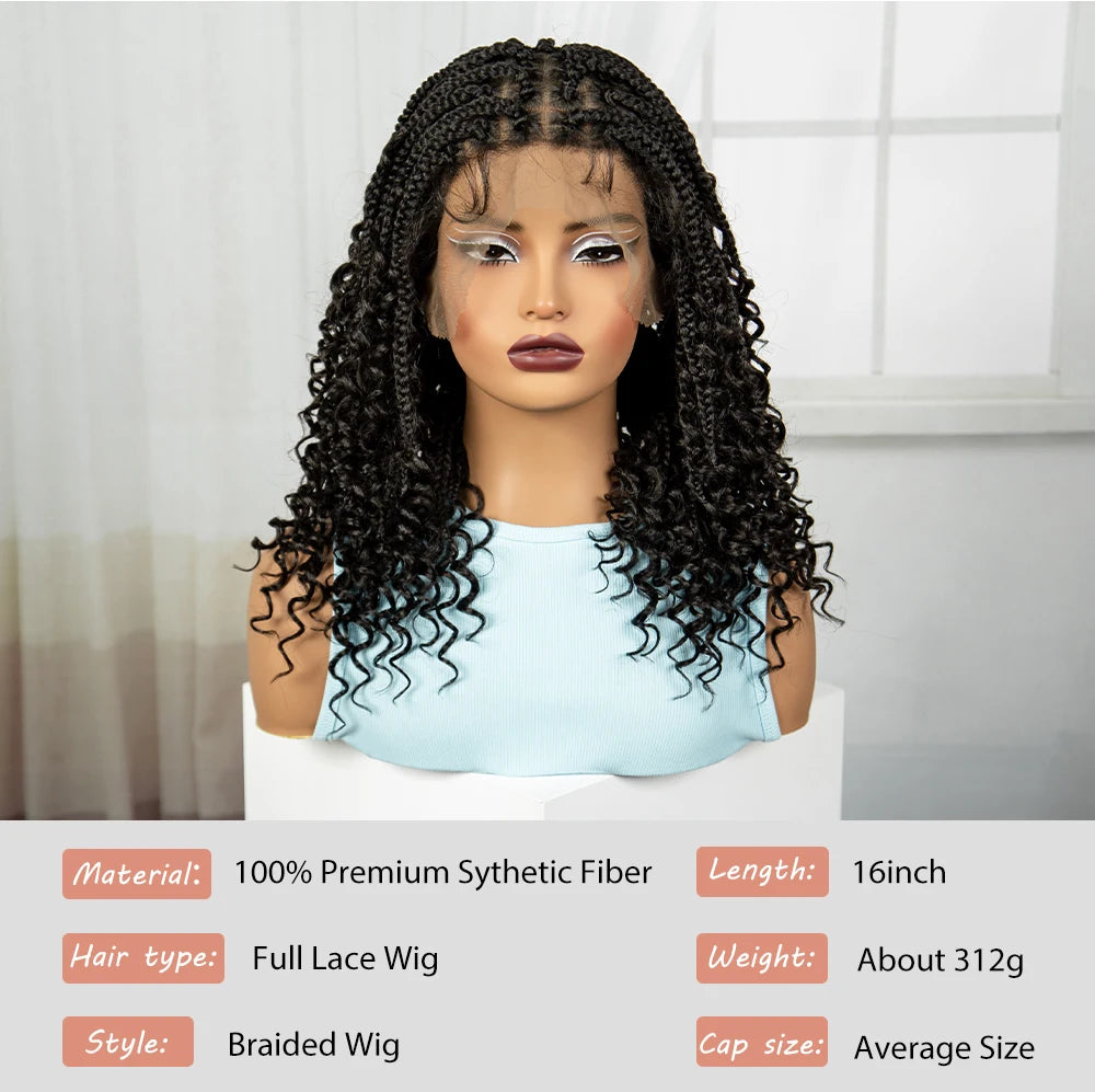 Crown & Glory Wigs  Full Lace Braided Lace Wigs Synthetic Knotless Box Braided Lace Wig with Curly Ends for Black Women Kinky Curly Braided Bob Wig