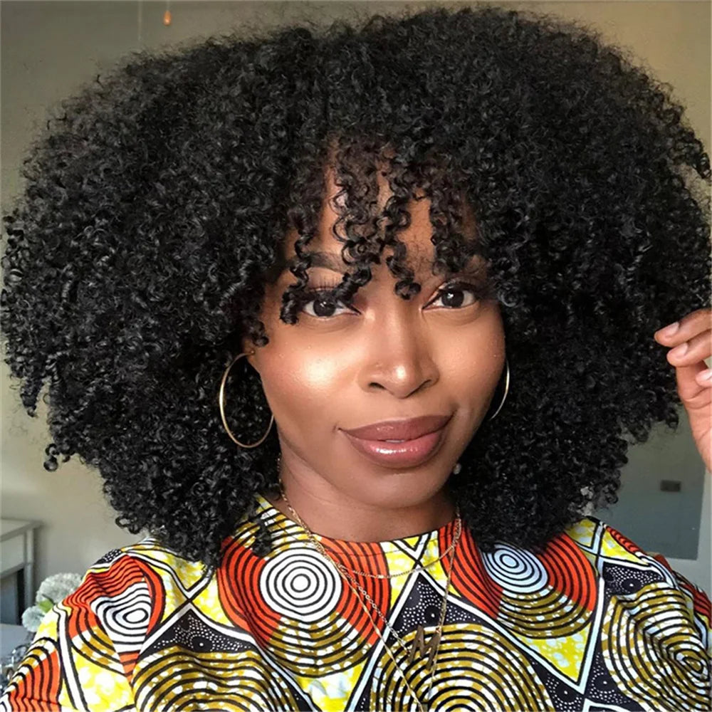 Crown & Glory Wigs  Afro Kinky Curly Wig With Bangs Brazilian Short Curly Human Hair Wigs For  Women Full Machine Made Wig Remy Natural Colour