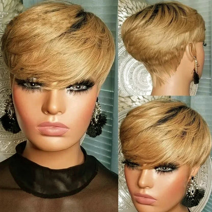 Crown & Glory Wigs  Human Hair Short Wigs For Black Women Straight Bob Pixie Honey Blonde Brazilian No Lace Front Wig With Bang