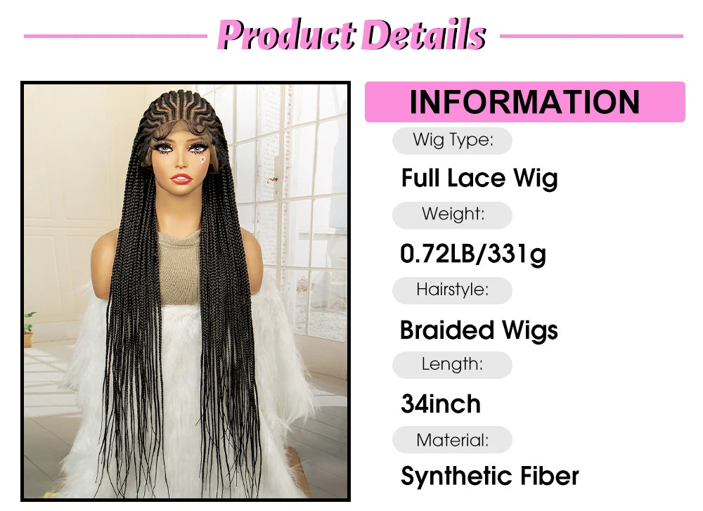 Crown & Glory Wigs  34 Inches Handmade Synthetic Braiding Wig HD Full Lace Cornrow Braided Wigs Back Knotless Box Braids Wig for Black Women