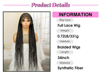 Crown & Glory Wigs  34 Inches Handmade Synthetic Braiding Wig HD Full Lace Cornrow Braided Wigs Back Knotless Box Braids Wig for Black Women