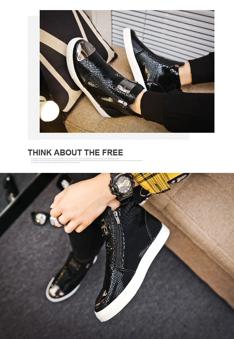 Men shoes  Hot Zipper High Top Sneakers Men Fashion Crocodile Leather Shoes For Men Luxury Golden Casual Sneakers Male Hip Hop Rock Shoes