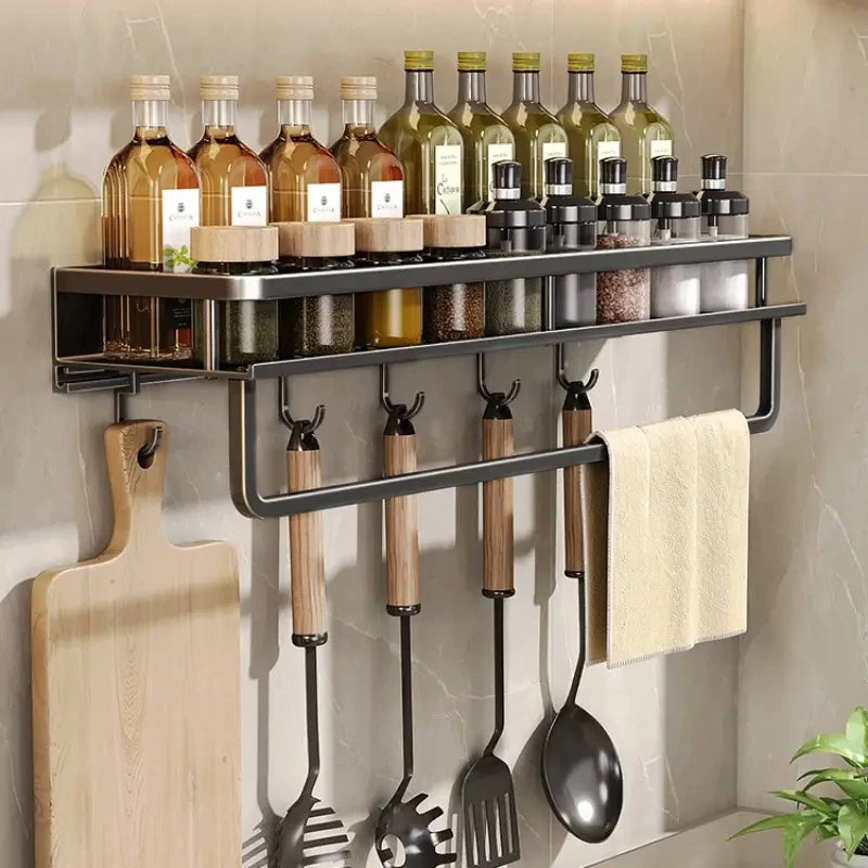 kitchen  30/40/50CM Kitchen Rack Wall-mounted Spice Storage Rack with Hook Rod Kitchen Utensils