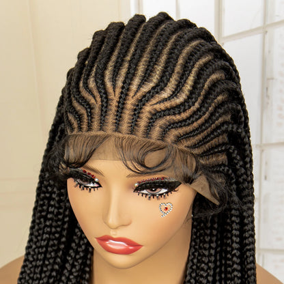 Crown & Glory Wigs  34 Inches Handmade Synthetic Braiding Wig HD Full Lace Cornrow Braided Wigs Back Knotless Box Braids Wig for Black Women