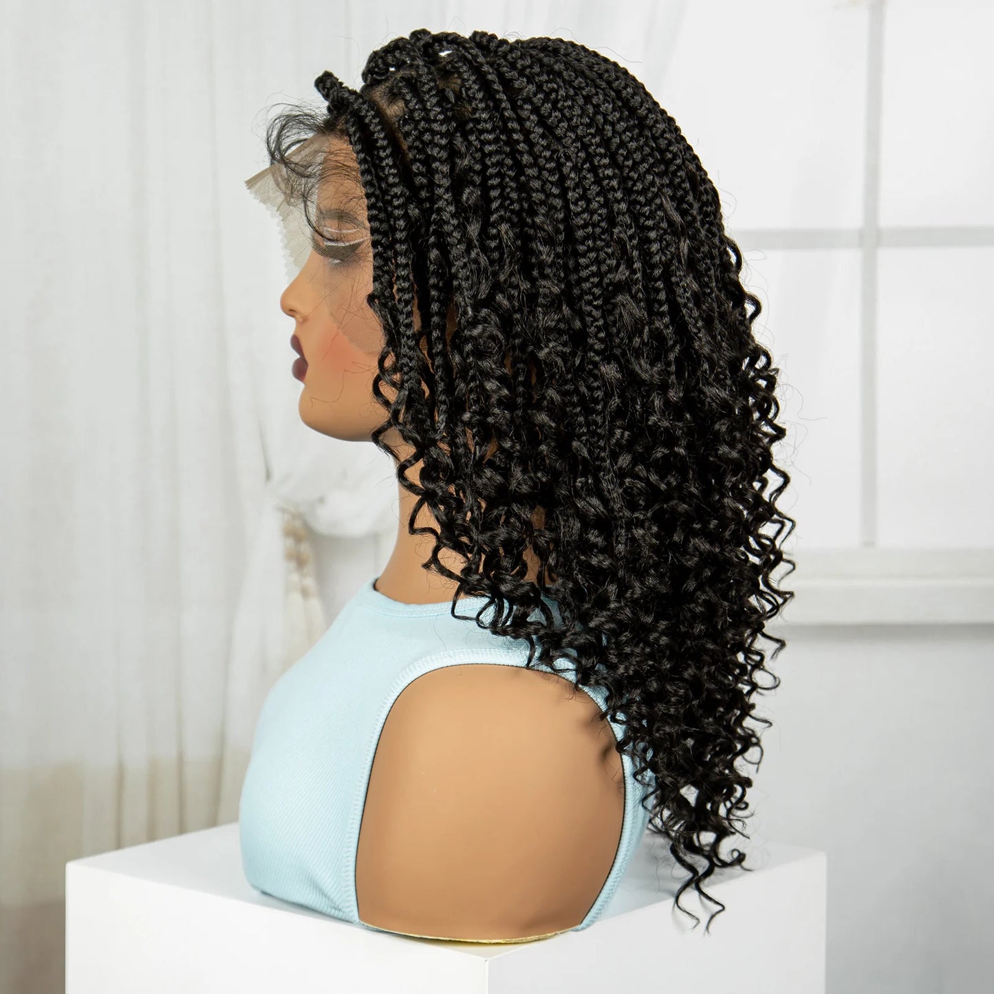 Crown & Glory Wigs  Full Lace Braided Lace Wigs Synthetic Knotless Box Braided Lace Wig with Curly Ends for Black Women Kinky Curly Braided Bob Wig