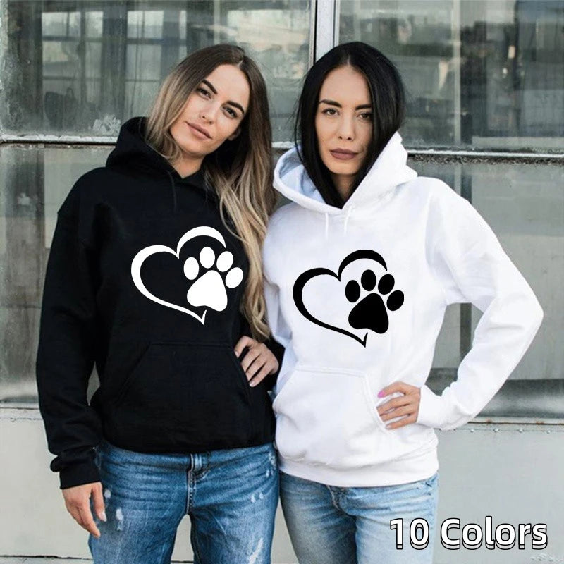 Woman clothing   New Cute Dog Paw and Heart Shape Print Hoodies Women Casual Long Sleeve Hoodies Autumn Winter Pullovers Plus Size