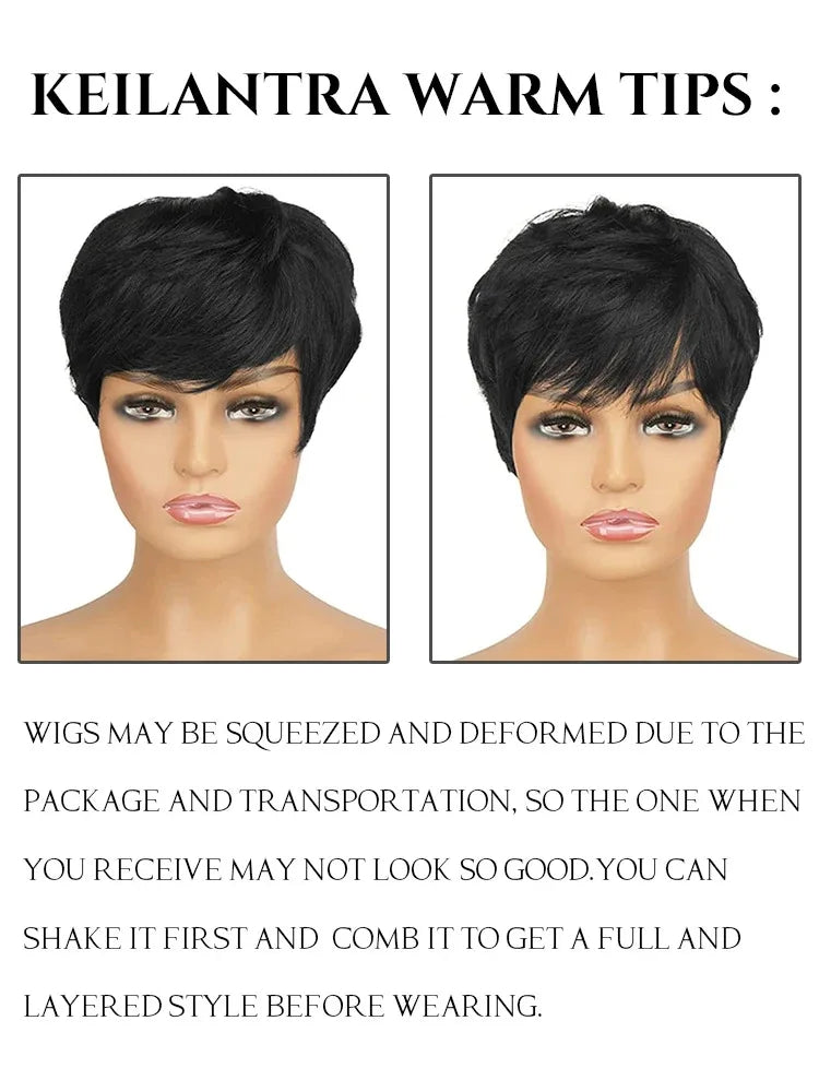 Crown & Glory Wigs Sale Short Pixie Cut Remy Human Hair Wigs Straight Natural Color Full Machine Made Bob Wig With Bangs