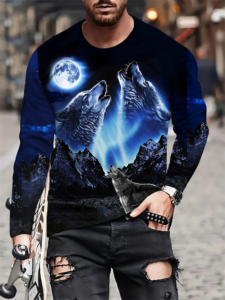 Men clothing Street Fashion Men's Long Sleeve T-shirt  Wolf Print