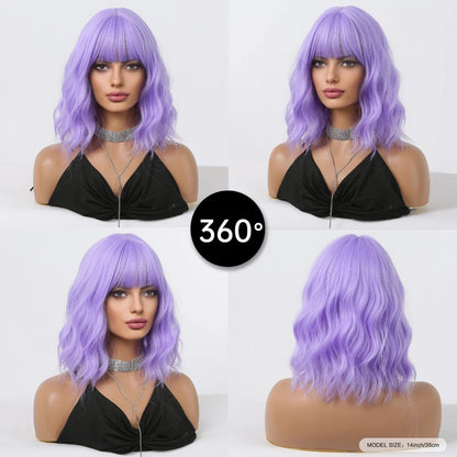 Crown & Glory Wigs   Short Synthetic Wigs Purple Blue Curly Wave Wigs with Bangs for Women Cosplay Party Halloween Colorful Bob Wigs Heat Resistant