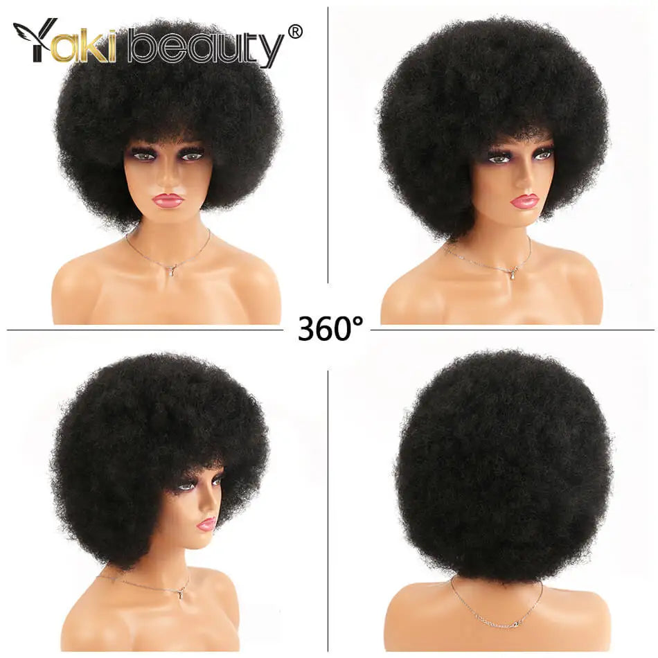 Crown & Glory Wigs Synthetic Afro Kinky Curly Wig With Bangs Big 70s Soft Afro Wig For Black Women Machine Made Cosplay Wig Natural Brown Black