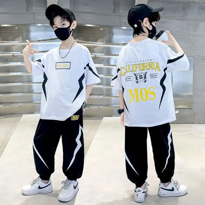 Boy  clothing   Summer Boys Cotton Alphabet Lightning T-Shirt Tops+Sweatpant School Kids 2PCS Tracksuit Child Jogger Outfit Workout Set 5-14 Yr