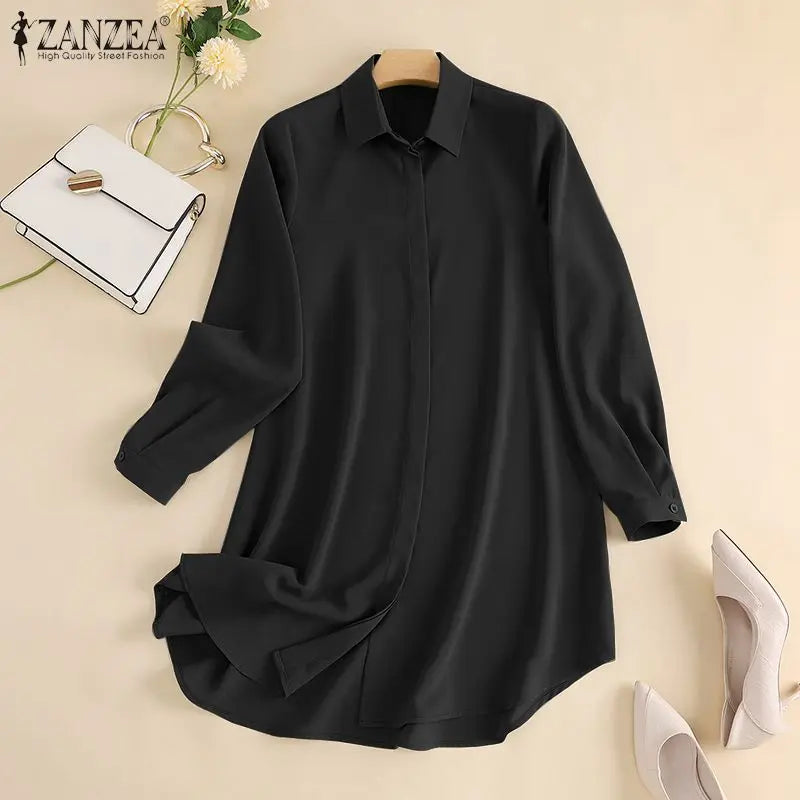 Muslim family Women  Muslim Blouse ZANZEA Spring Elegant Long Sleeve Solid Shirt  Turkey Tops Abaya Marocain Blusas IsIamic Clothing