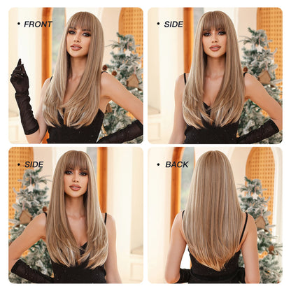 Crown & Glory Wigs  Mixed Brown Blonde Synthetic Long Straight Layered Wig Natural Hair Cosplay Party Wigs with Bangs for Women Afro Heat Resistant