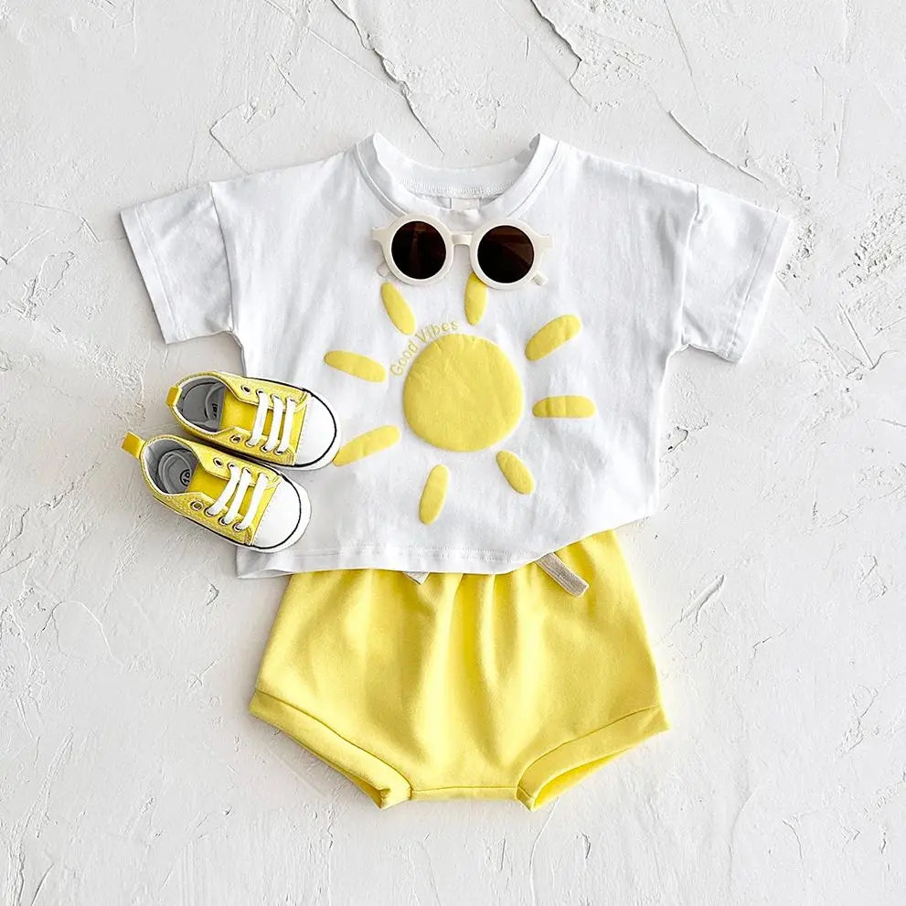 Girl clothing Toddler Boys Outfit Baby Clothes Set Newborn Baby Summer Clothing Cotton Girl Suit Sun Flower Print T-shirt+Beach Shorts