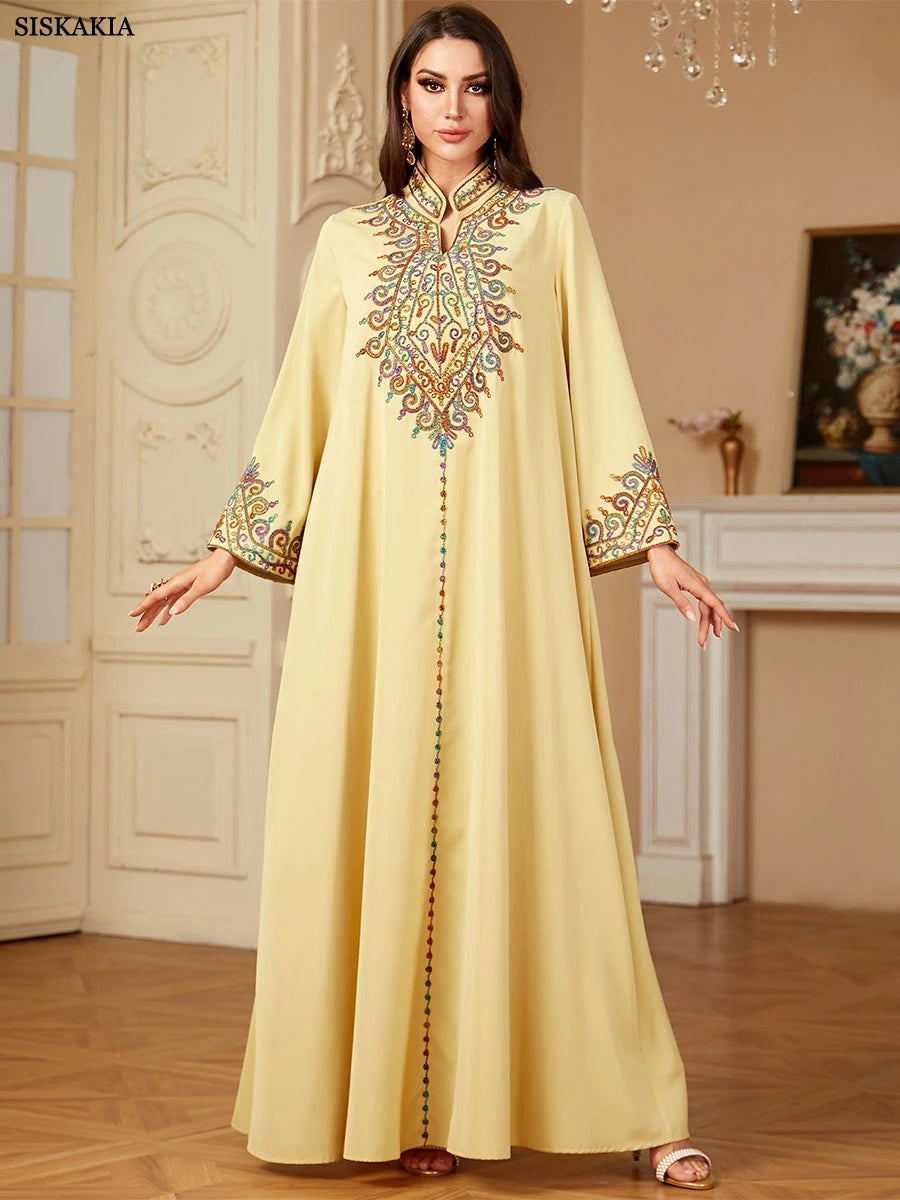 Muslim family   Siskakia Embroidery V-Neck Long Dress Dubai Arab Abaya For Muslim Woman Loose Moroccan Saudi Ethnic Jalabiya Fashion Robe 2024