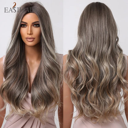 Crown & Glory Wigs EASIHAIR Ombre Brown Light Blonde Platinum Long Wavy Middle Part Hair Wig Cosplay Natural Heat Resistant Synthetic Wig for Women