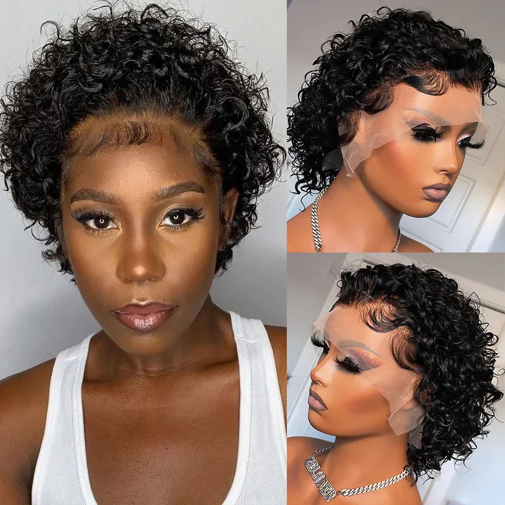 Crown & Glory Wigs  Pixie Cut Wigs Short Kinky Curly Lace Front Human Hair Wigs 13x2 Transparent Lace Frontal Wigs 1B/99 Ombre Water Wave Bob Wig