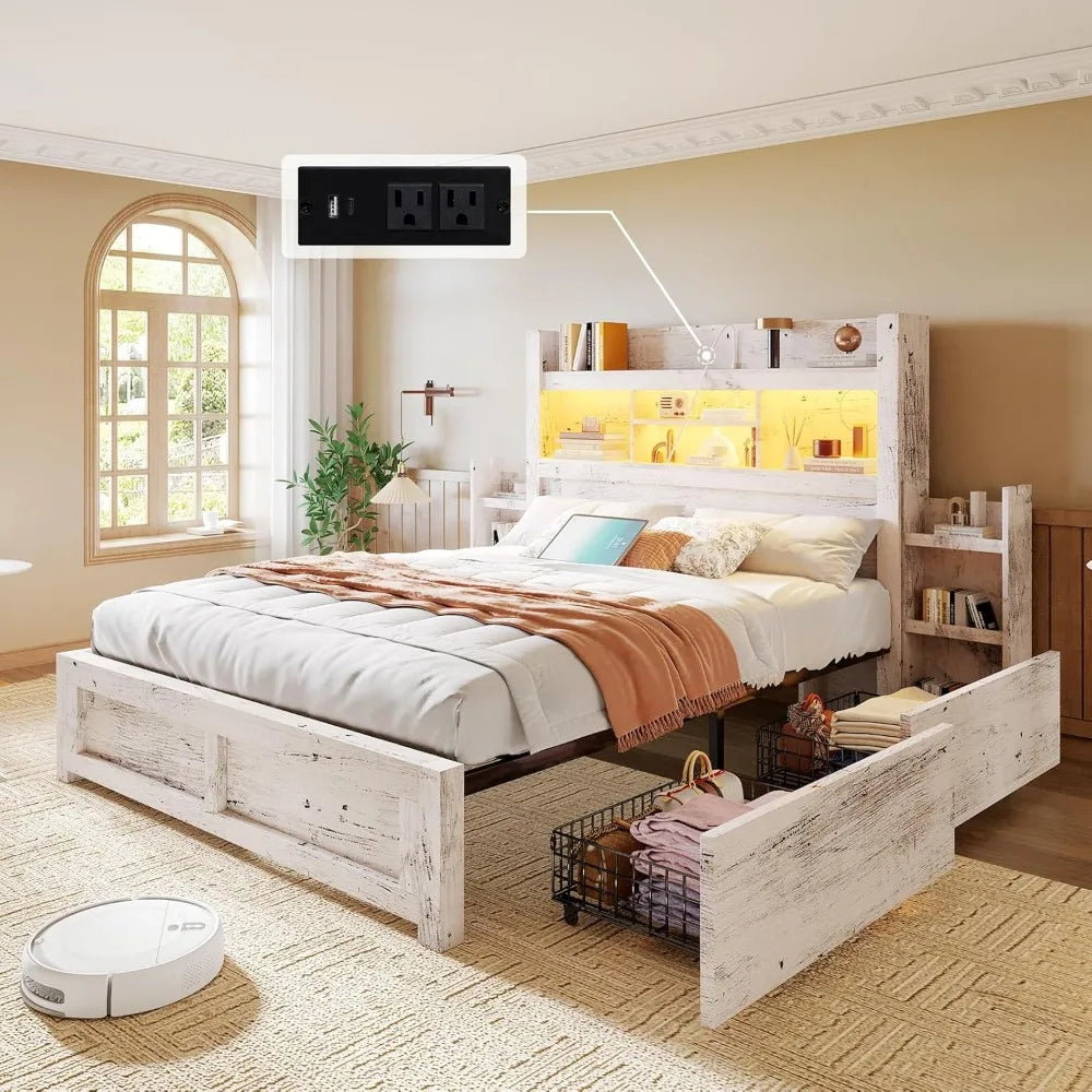 Living Room Queen Bed Frame with 49.6" Bookcase Headboard & 2 Bedside Stoage Racks & Drawers,Wood Bed Frame with RGB LED & Charging Station