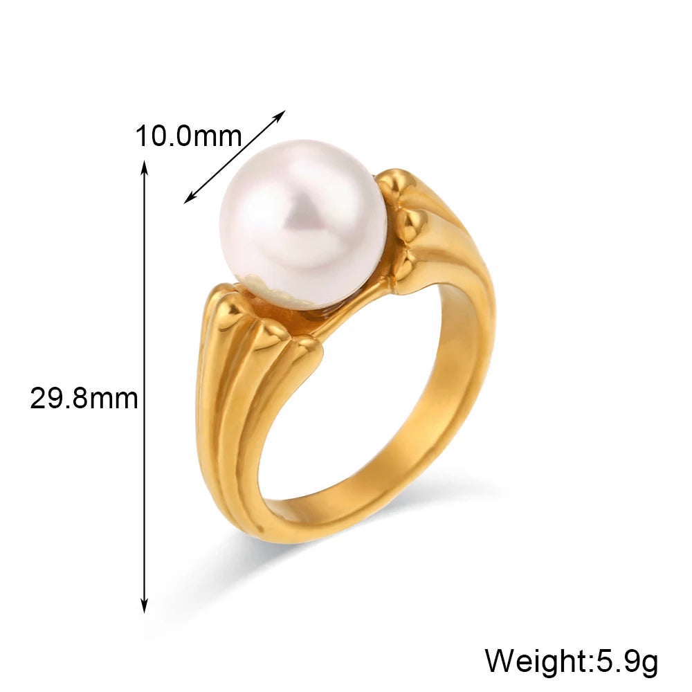 Jewellery  E.B.belle Casting Water Wave Texture Round Pearl Finger Rings For Woman Waterproof Steel Made Gold Color Index Ring