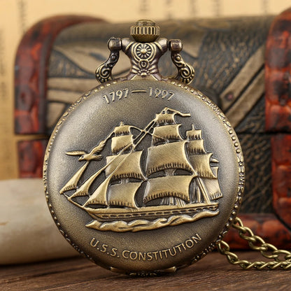 Jewellery   Steampunk U.S.S Constitution 1797-1997 Quartz Pocket Watch Sailing Canvas Boat Necklace Pendant Bronze Pocket Timepiece Gift