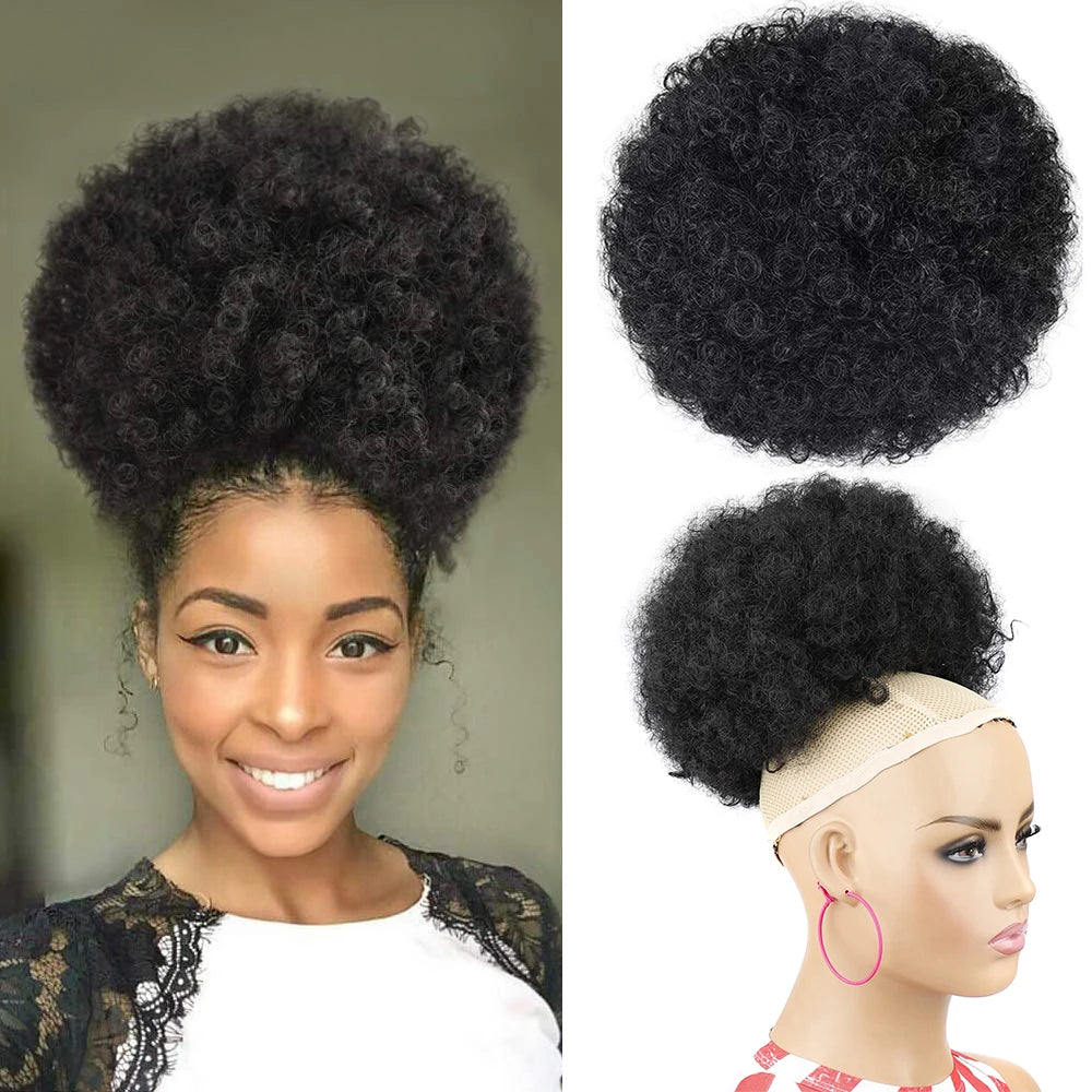 Crown & Glory Wigs  Afro Puff Drawstring Ponytail Extension for Black Women 10 Inch Synthetic Extra Large Fluffy Kinky Curly Hair Bun Donut Chignon