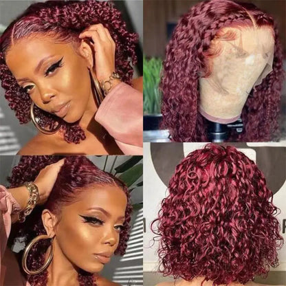 Crown & Glory Wigs  Short Bob Wigs 99J Kinky Curly Bob Wig Lace Front Human Hair Wigs For Women 13x4 Red Burgundy Lace Wig 4x4 Lace Closure Wig