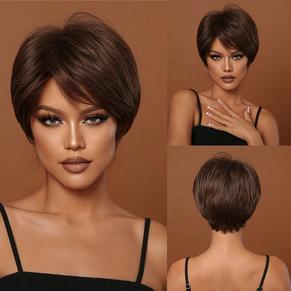 Crown & Glory Wigs EASIHAIR Short Honey Brown Synthetic Wigs for Women Layered Natural Hair Wigs Free Part Short Hair Daily Wig Heat Resistant