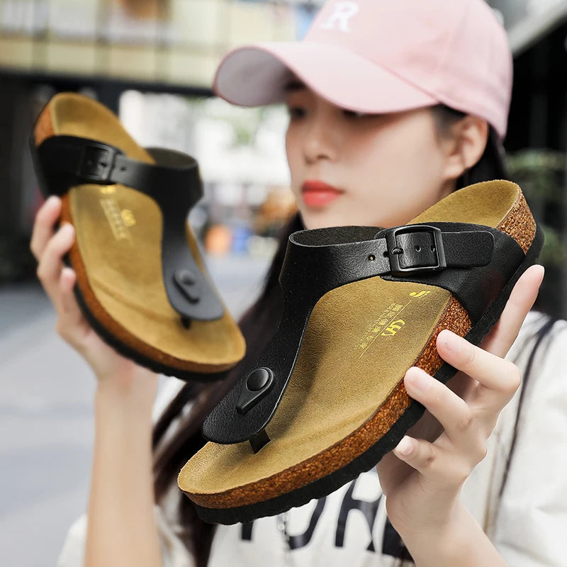 woman shoes  Genuine Leather Couple Style Cork High Quality Soft Cork Slides Footwear for Men Women Unisex 36-46 Cork Flip Flops