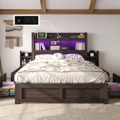 Living Room Queen Bed Frame with 49.6" Bookcase Headboard & 2 Bedside Stoage Racks & Drawers,Wood Bed Frame with RGB LED & Charging Station