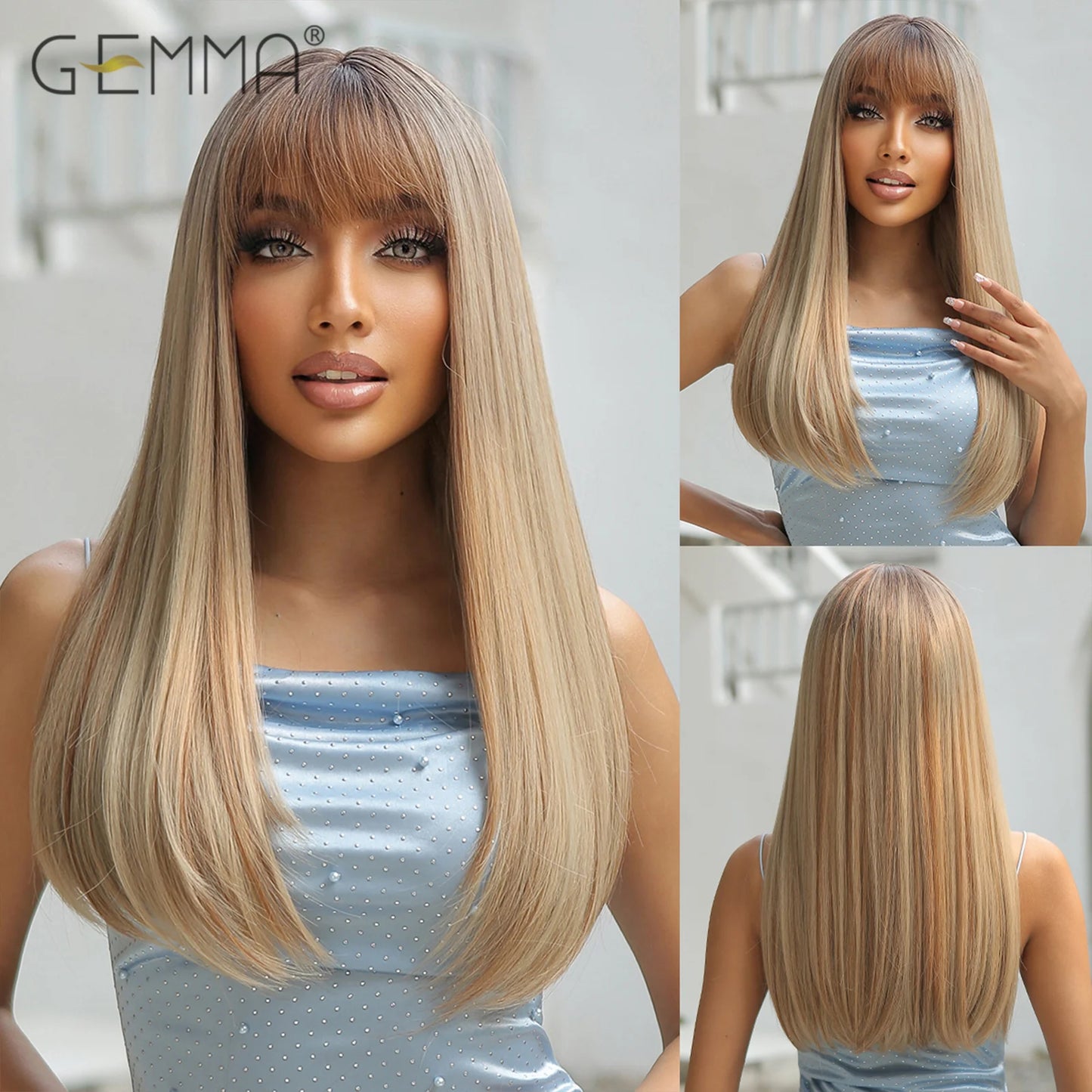 Crown & Glory Wigs  Mixed Brown Blonde Synthetic Long Straight Layered Wig Natural Hair Cosplay Party Wigs with Bangs for Women Afro Heat Resistant