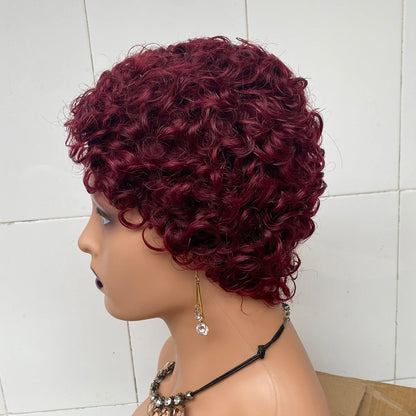 Crown & Glory Wigs   Short Curly Human Hair Wigs For Women Short Kinky Curly Wig Black Red Human Hair Pixie Cut Curly Wigs With Bangs Machine Wigs