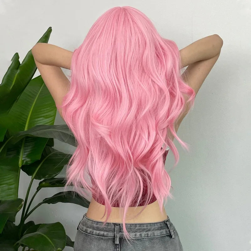 Crown & Glory Wigs  New sales of women's pink long curly air bangs long curly hair straight bangs synthetic hair big wave wig