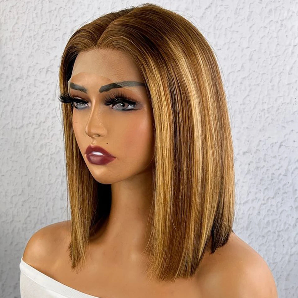 Crown & Glory Wigs   Short Brown Colour Bob Wig Peruvian Straight Lace Front Human Hair Wigs For Women Reddish Brown #33 Lace Part Wig With Baby Hair