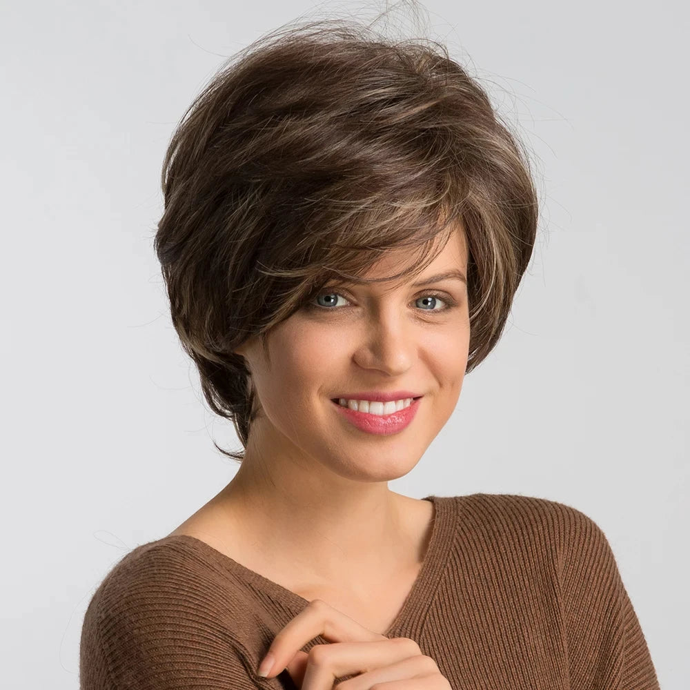 Crown & Glory Wigs EASIHAIR Short Honey Brown Synthetic Wigs for Women Layered Natural Hair Wigs Free Part Short Hair Daily Wig Heat Resistant