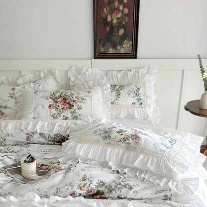 Bedroom   Ruffle patchwork 3Pcs Floral 100%cotton White Duvet Cover Set +2Pillowcases US/UK Super King size  Bedding Sets